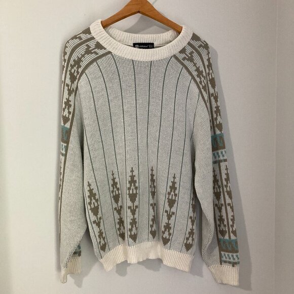 Vintage St Michaels Sweater White Grey Fair Isle Men Size XL/50 Tall UK Pattern - Picture 1 of 12